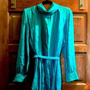 Vintage teal long sleeve midi dress cuffs collar buttons medium-large